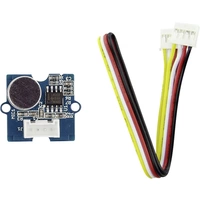 Sensorplatine mit integriertem Mikrofon links; rechts ein mehrfarbiges Kabel mit Stecker. Einsatz in elektronischen Schaltungen.